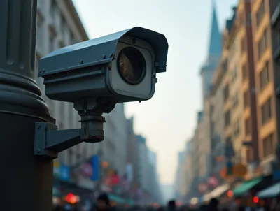 Security Surveillance Camera Mounted On City Street Pole