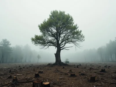 Solitary Tree Standing Amidst A Deforested Foggy Landscape