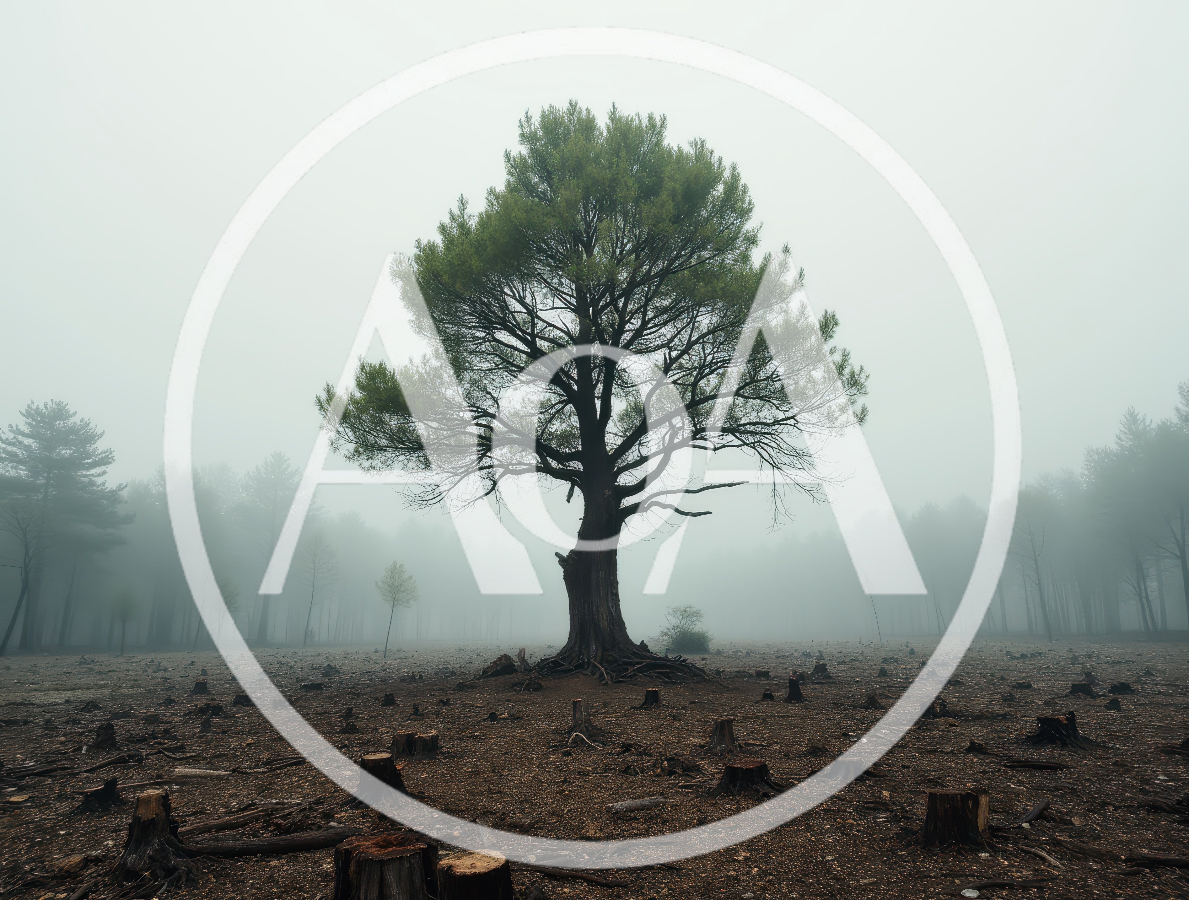 Solitary Tree Standing Amidst A Deforested Foggy Landscape