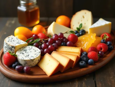 Gourmet Cheese Board With Fresh Fruit And Honey