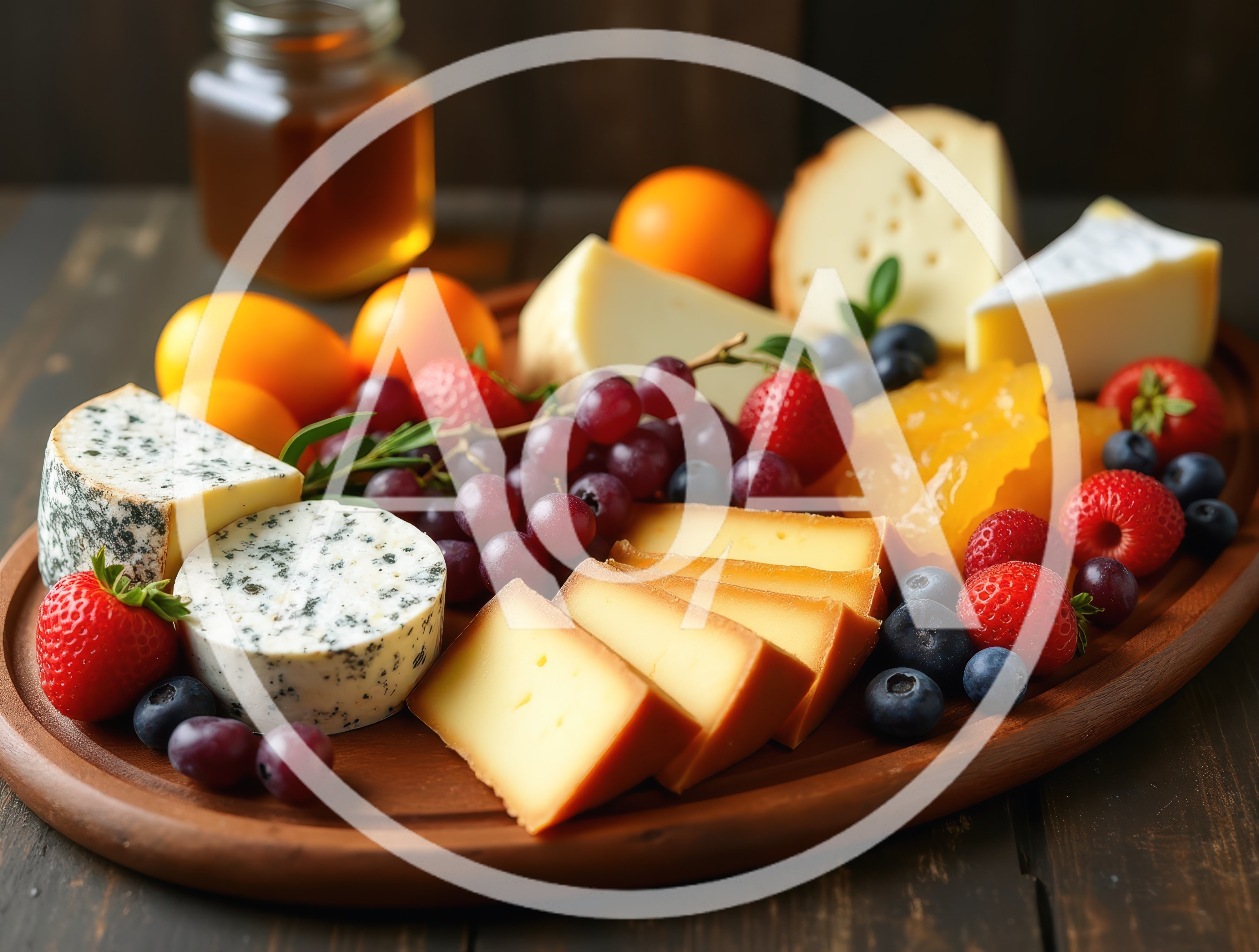 Gourmet Cheese Board With Fresh Fruit And Honey