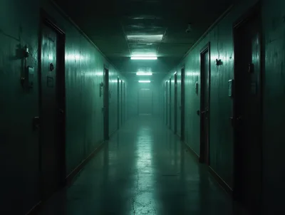 Dimly Lit Industrial Hallway With Green Tint
