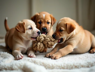 Three Cute Puppies Playing With A Rope Toy