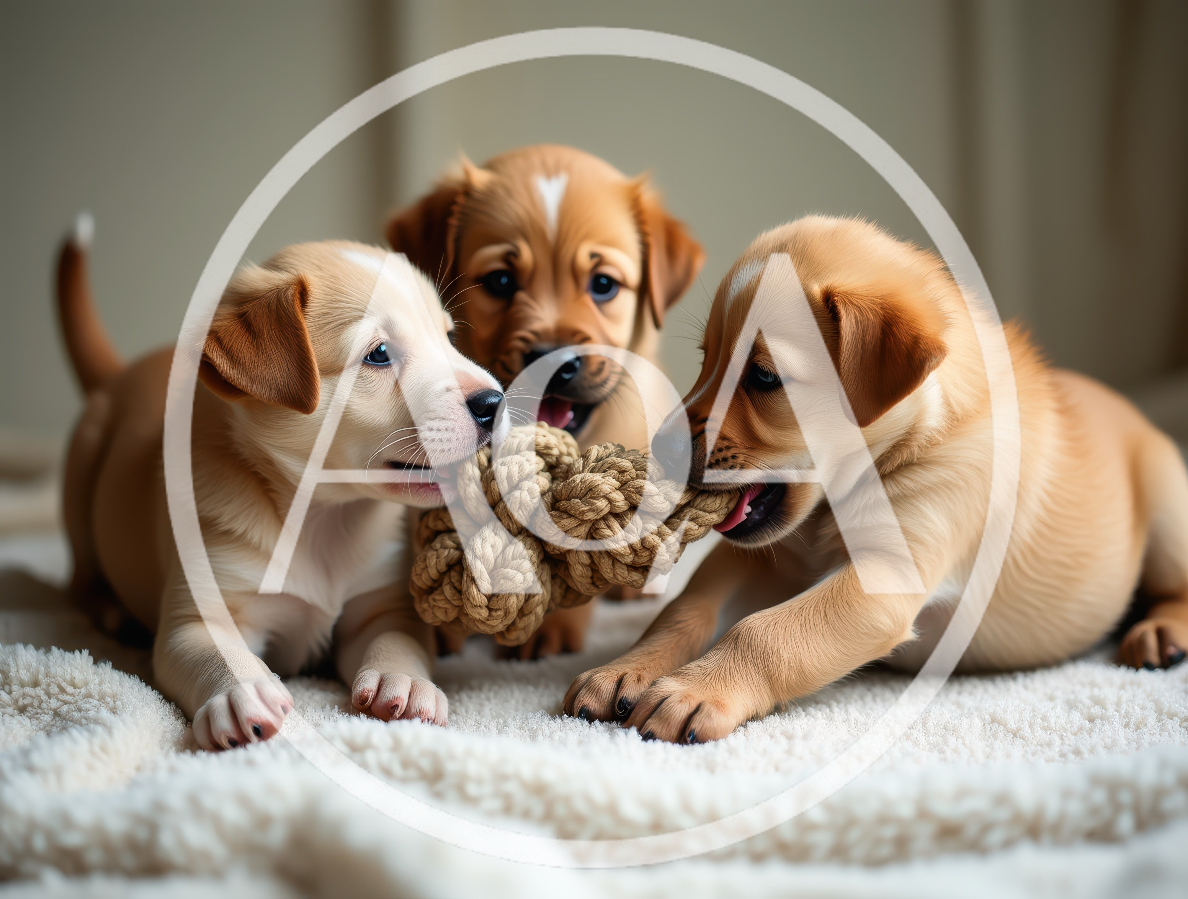 Three Cute Puppies Playing With A Rope Toy