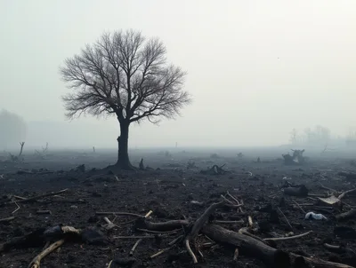 Solitary Bare Tree In A Burnt Forest Landscape