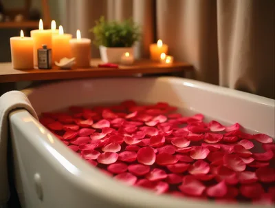 Bathtub Filled With Red Rose Petals And Candles