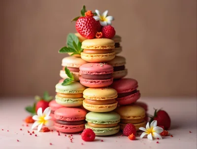 Tower Of Colorful Macarons With Fresh Berries And Flowers
