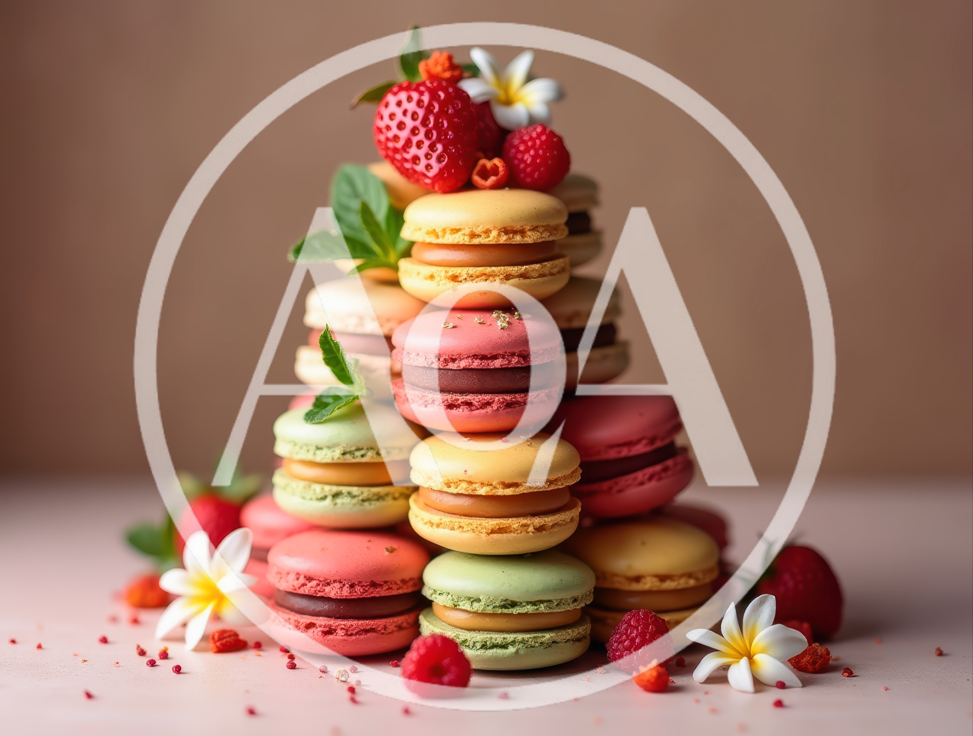 Tower Of Colorful Macarons With Fresh Berries And Flowers