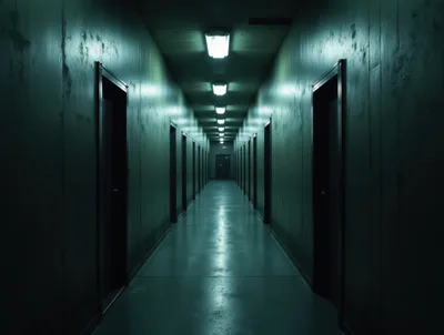 Long Dimly Lit Industrial Hallway With Multiple Doors