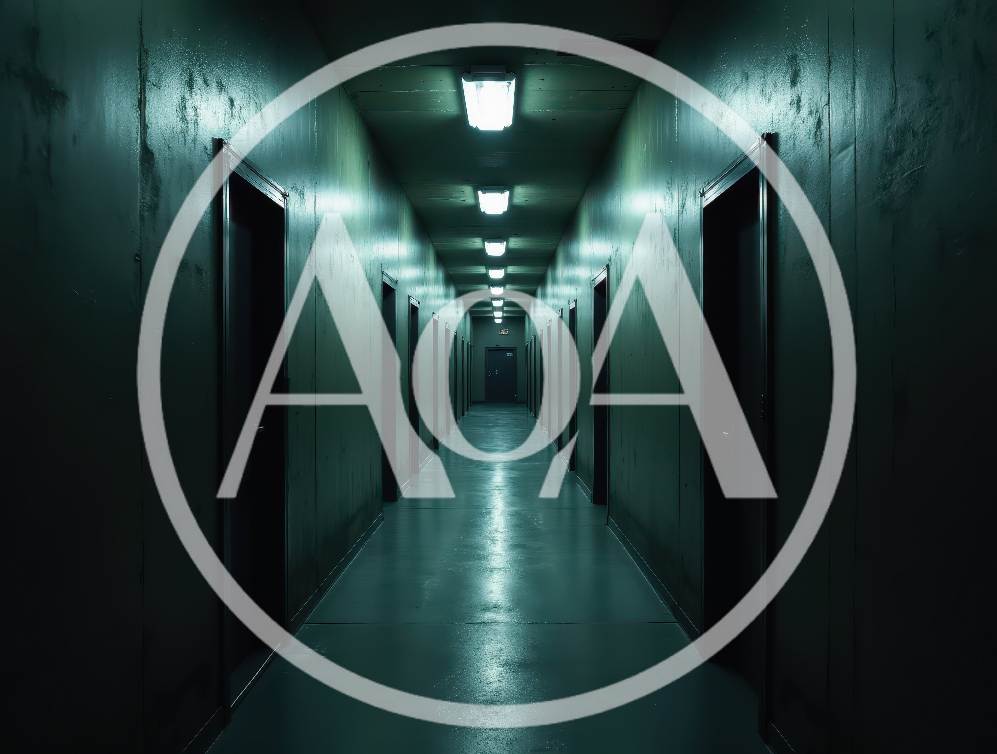 Long Dimly Lit Industrial Hallway With Multiple Doors