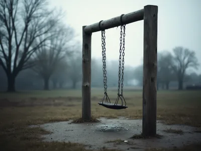 Empty Swing Set In A Foggy Park