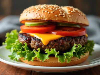 Gourmet Cheeseburger With Fresh Lettuce And Tomato