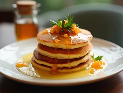 Stack Of Fluffy Pancakes With Honey And Berries