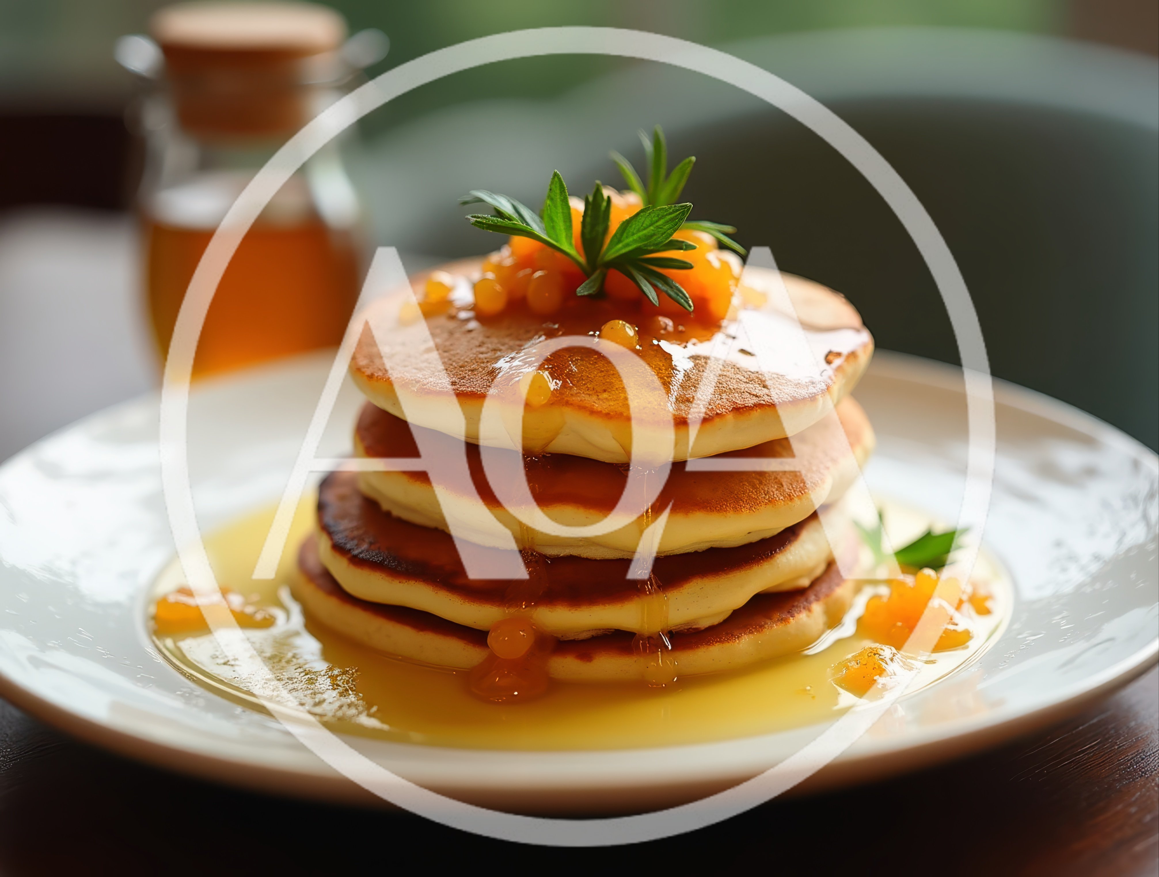 Stack Of Fluffy Pancakes With Honey And Berries
