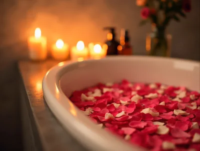 Spa Bath With Rose Petals And Candles