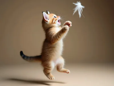 Cute Ginger Kitten Jumping To Catch A White Feather