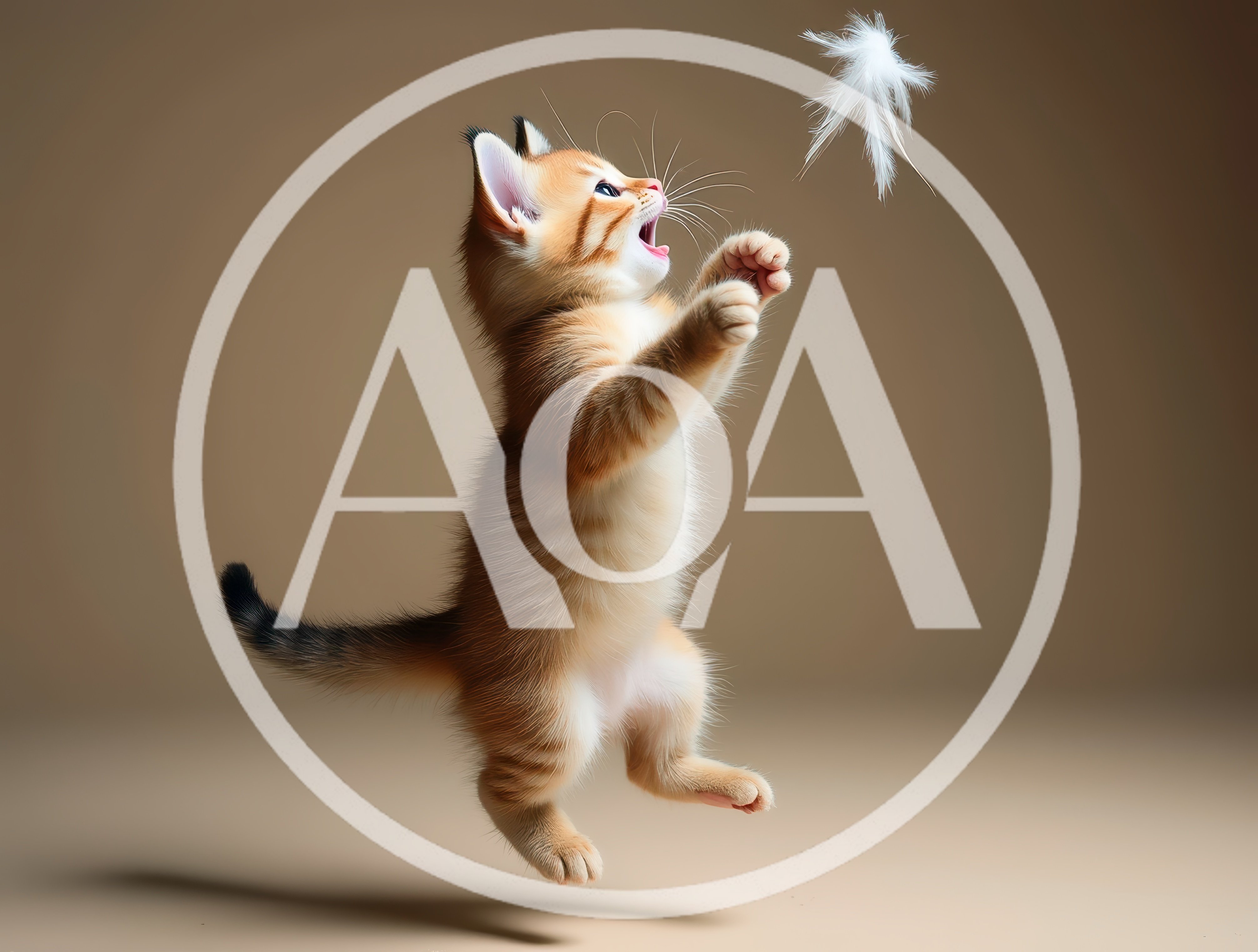 Cute Ginger Kitten Jumping To Catch A White Feather