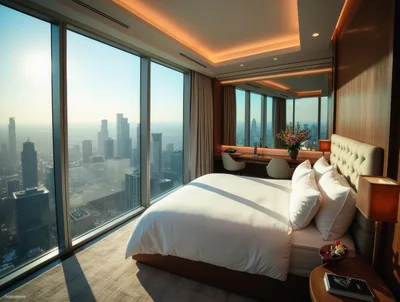 Luxury Hotel Bedroom With Panoramic City Skyline View