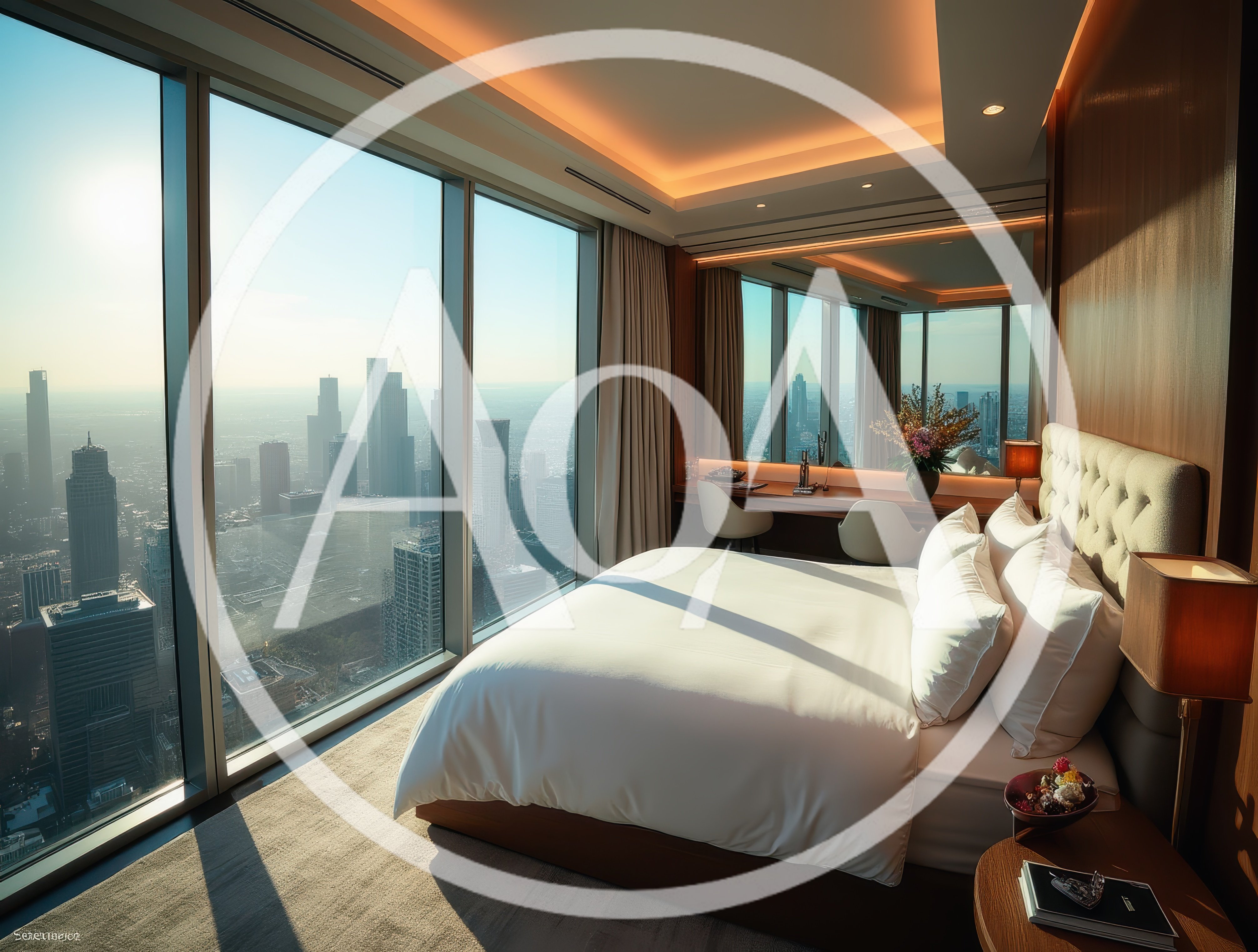 Luxury Hotel Bedroom With Panoramic City Skyline View
