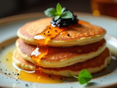 Stack Of Golden Pancakes With Syrup And Berries