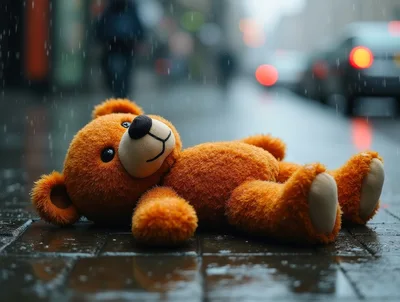 Lost Teddy Bear Lying On Wet City Sidewalk