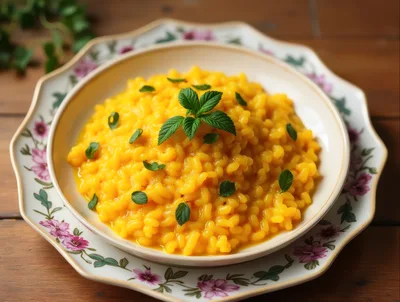 Saffron Risotto Served In A Floral Ceramic Bowl