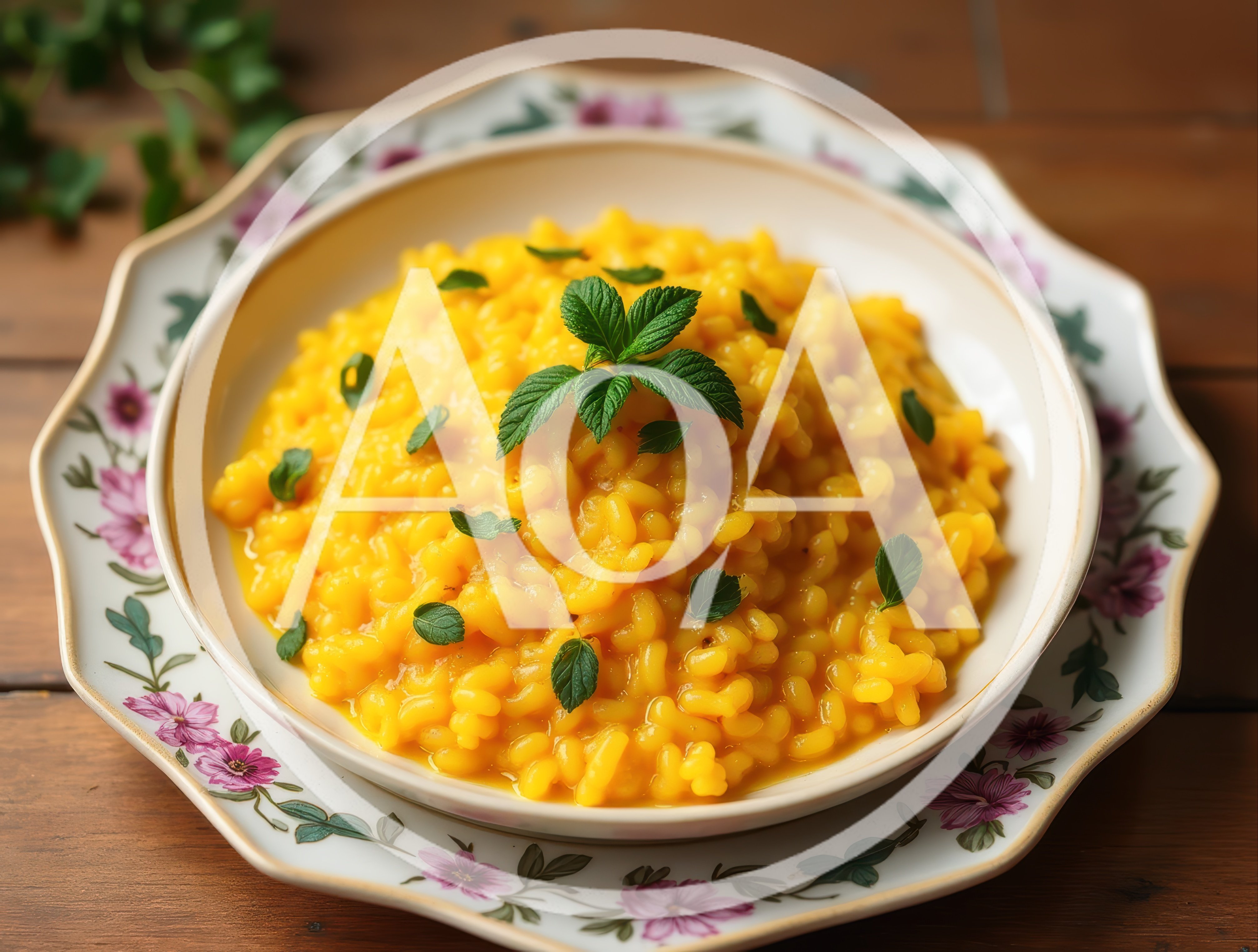 Saffron Risotto Served In A Floral Ceramic Bowl