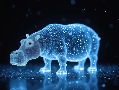 Glowing Holographic Hippopotamus Made Of Digital Particles