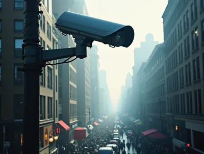Security Surveillance Camera Overlooking A Busy City Street