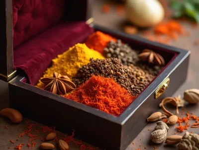 Assorted Spices In A Wooden Box