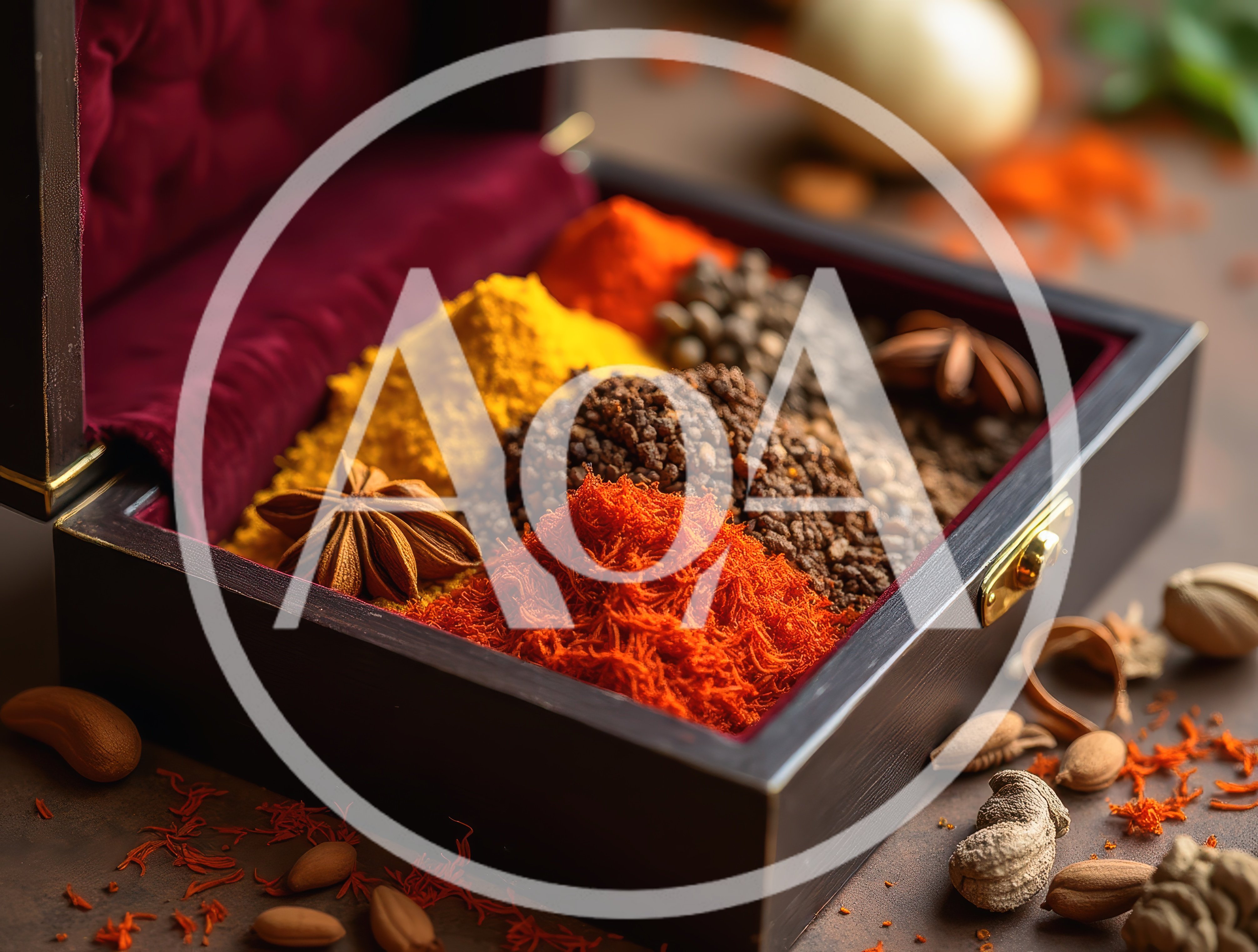 Assorted Spices In A Wooden Box