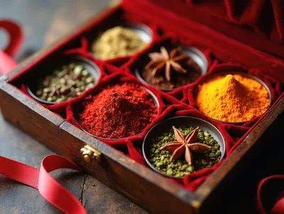 Assorted Spices In A Wooden Box
