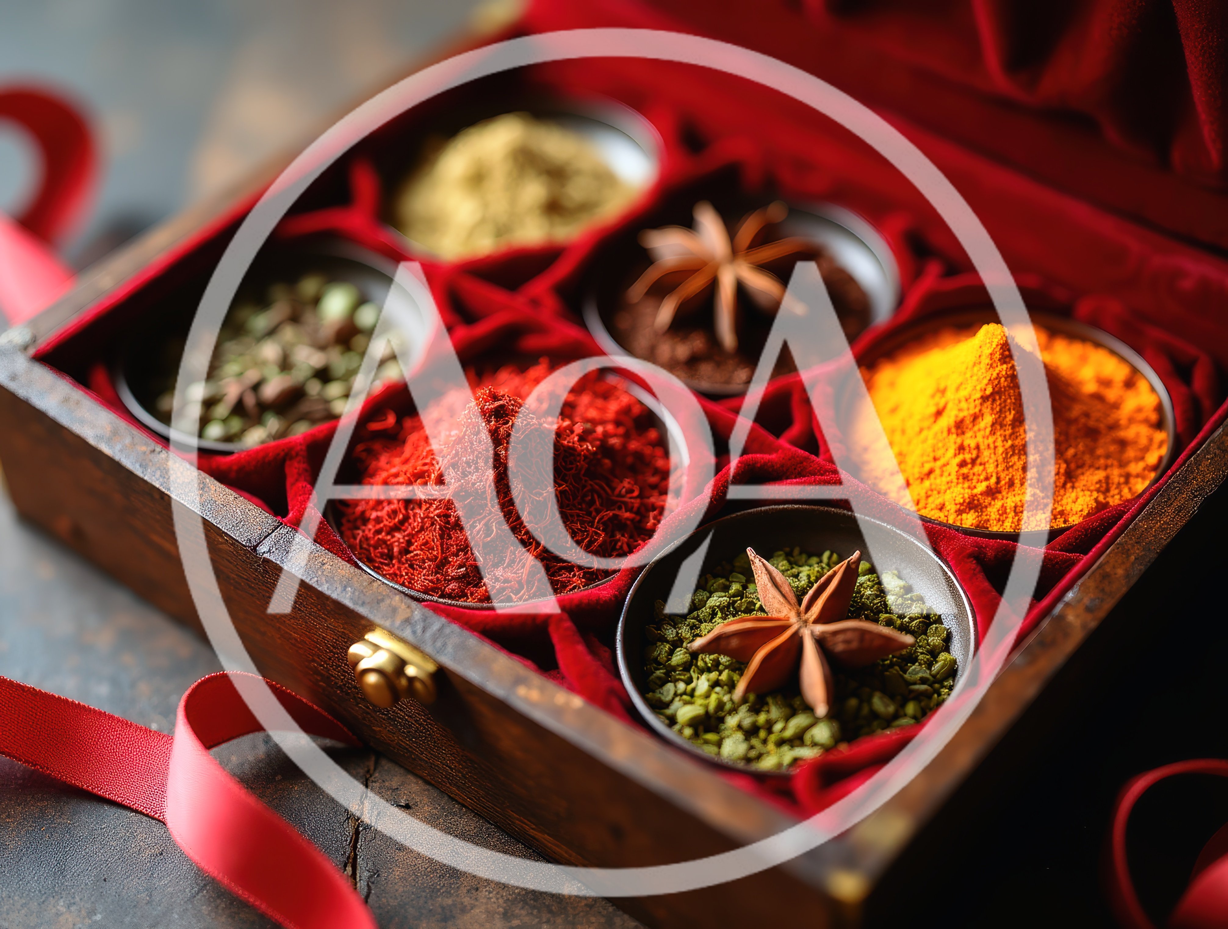 Assorted Spices In A Wooden Box