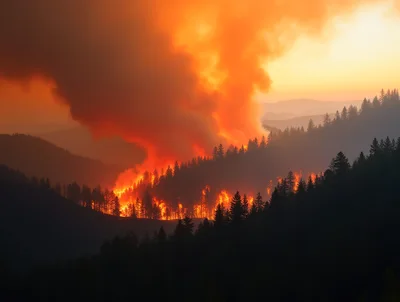 Forest Fire Burning Through Mountainous Pine Woodland