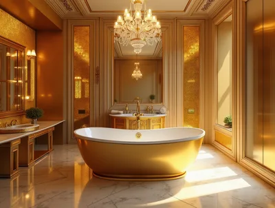Luxury Gold Bathroom Interior With Freestanding Bathtub