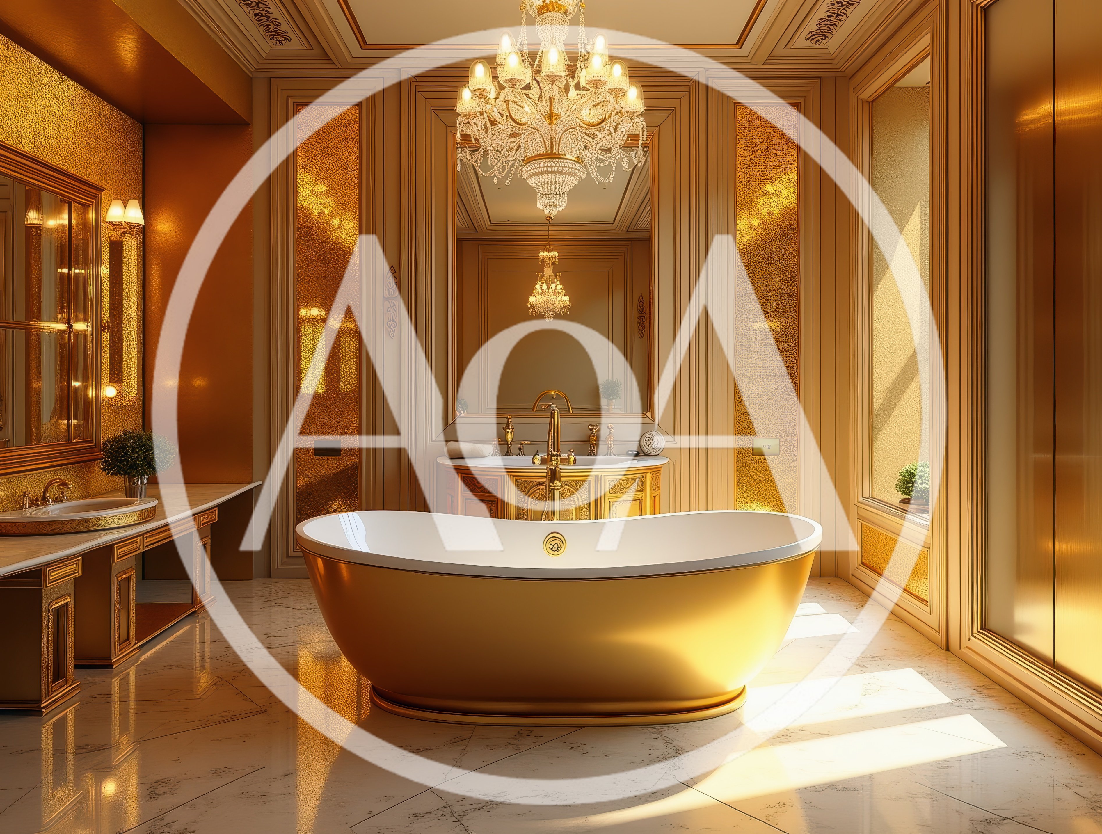 Luxury Gold Bathroom Interior With Freestanding Bathtub