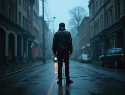 Man Standing Alone on a Rainy City Street