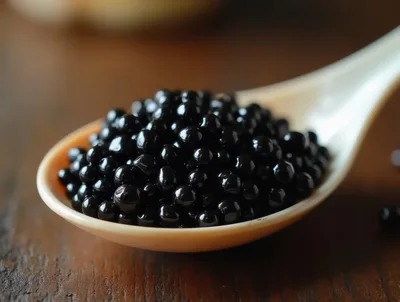 Close Up Of Black Caviar On A Spoon