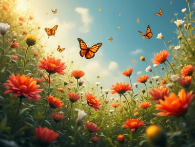 Monarch Butterflies Flying Over Vibrant Orange Wildflowers