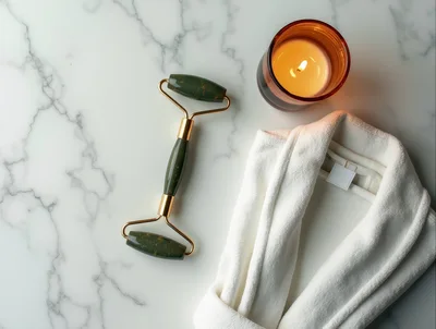 Jade Facial Roller and White Bathrobe on Marble