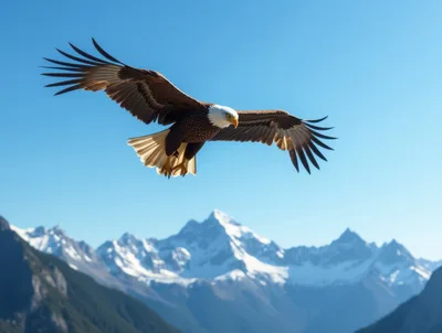 Bald Eagle Flying Over Snowy Mountain Range