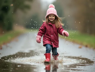 Little Girl Jumping in Puddle on Country Road