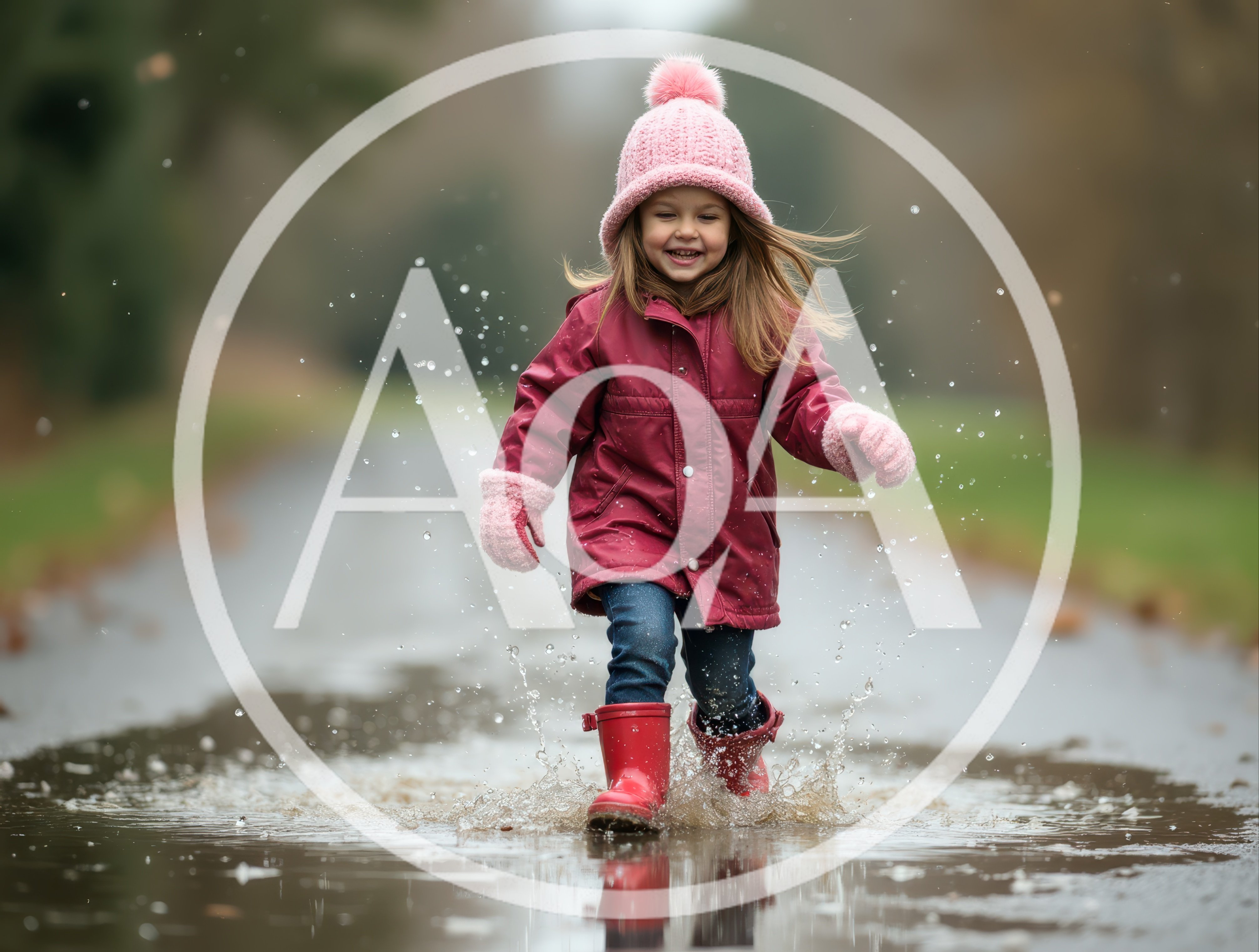 Little Girl Jumping in Puddle on Country Road