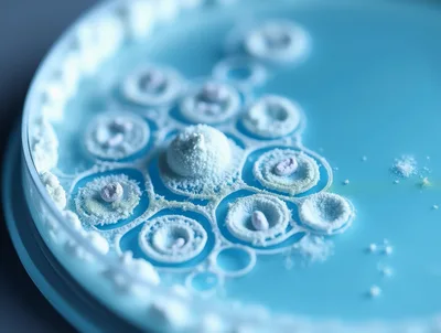 Microbial Colonies Growing On A Blue Agar Petri Dish
