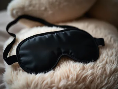 Black Silk Sleep Mask Resting On Fluffy Pillow