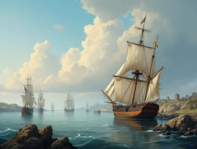 Fleet Of Historic Wooden Sailing Ships At Anchor