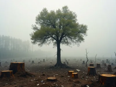 Solitary Tree Standing Amidst A Deforested Landscape