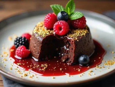 Gourmet Chocolate Lava Cake With Berries And Gold Flakes
