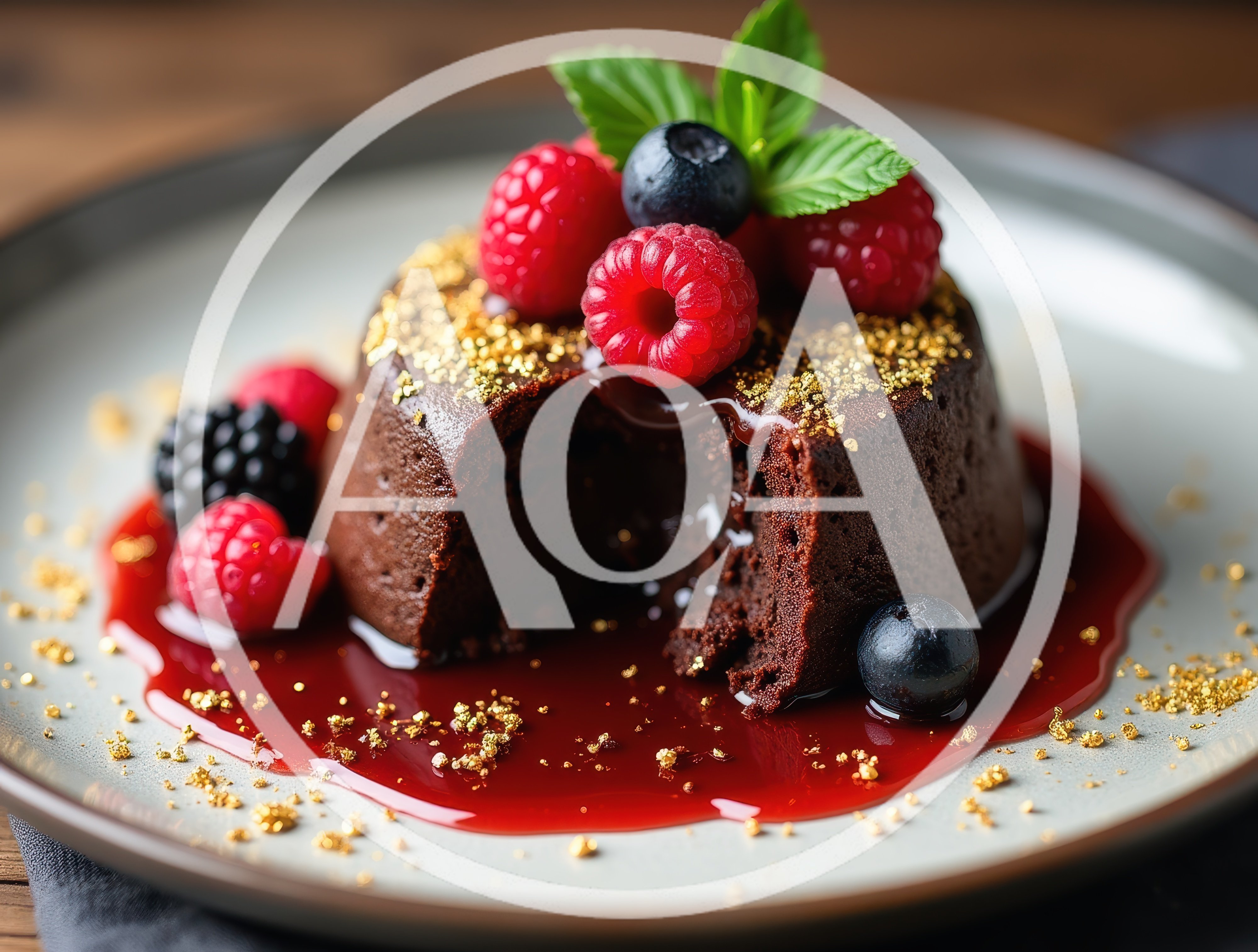 Gourmet Chocolate Lava Cake With Berries And Gold Flakes