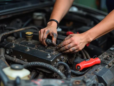 Mechanic Checking Engine Oil Level With Dipstick